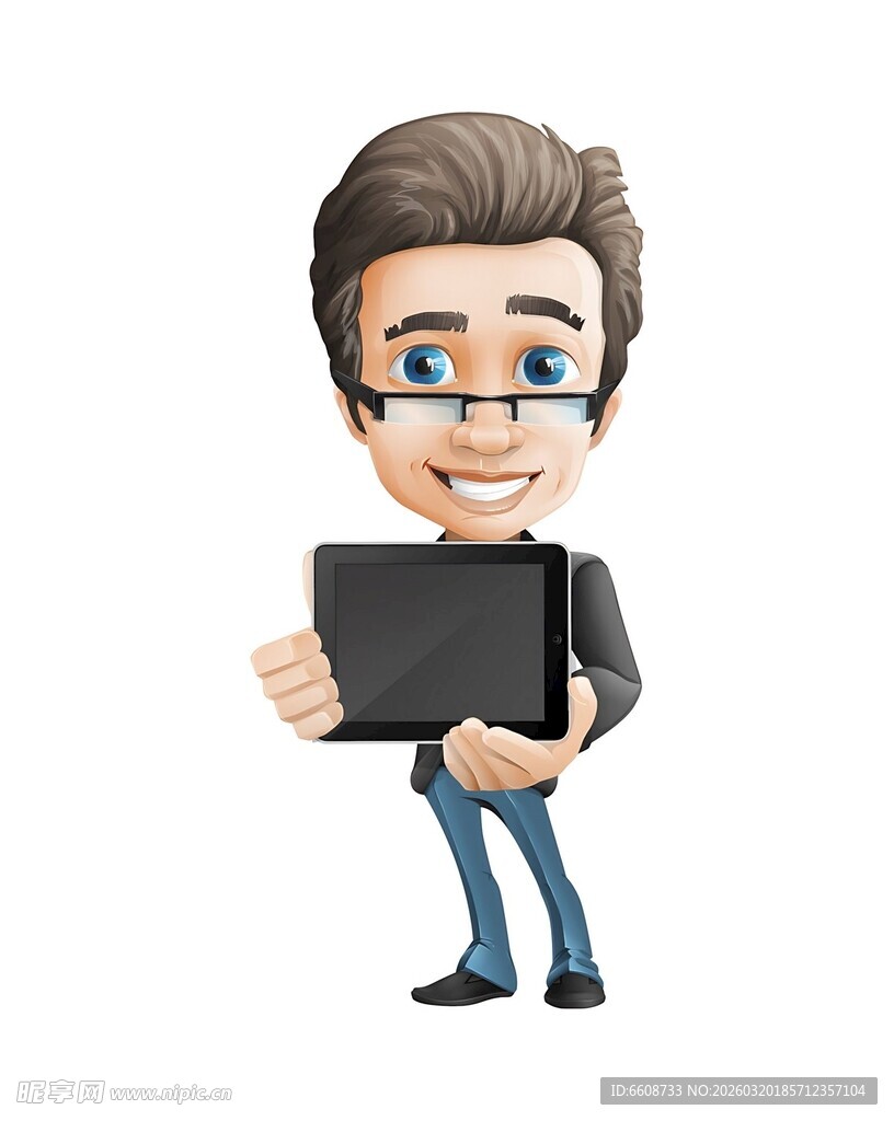 男子手持平板电脑微笑