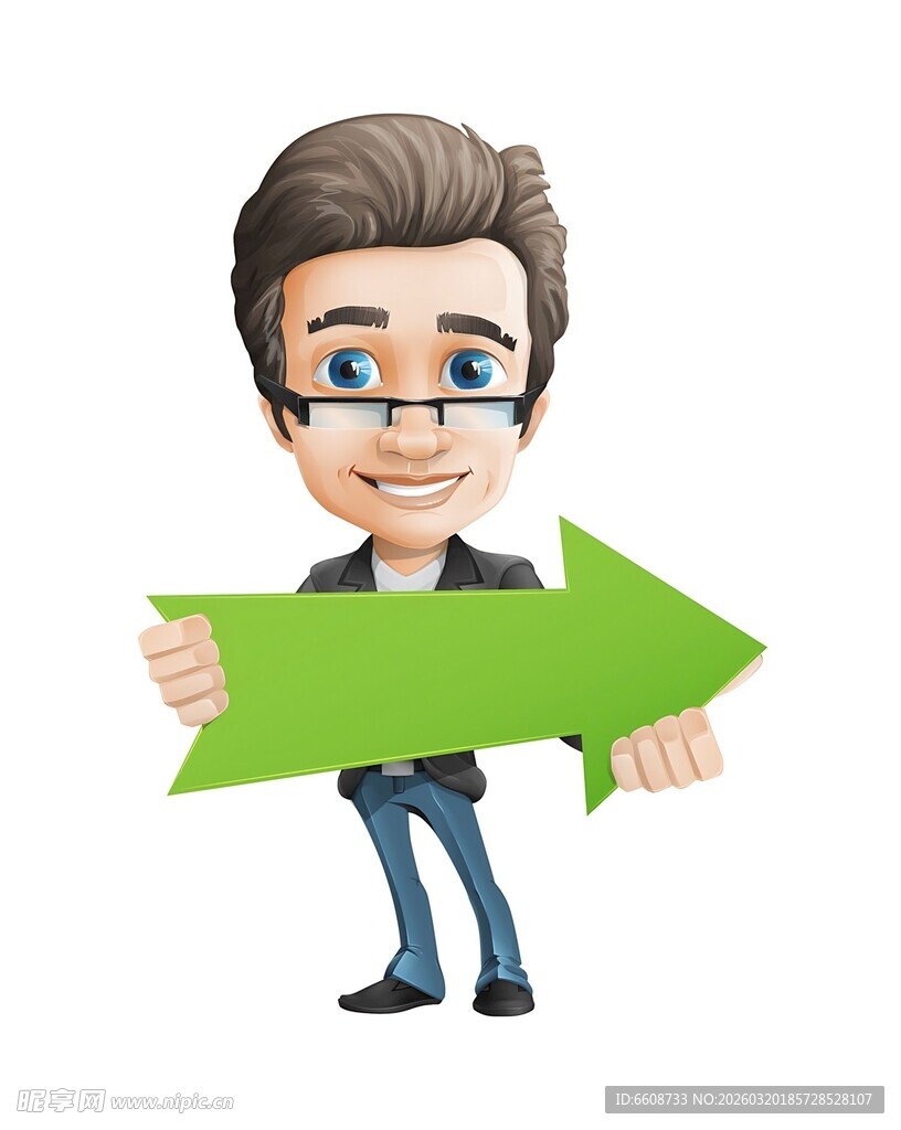 卡通人物持绿色箭头指引