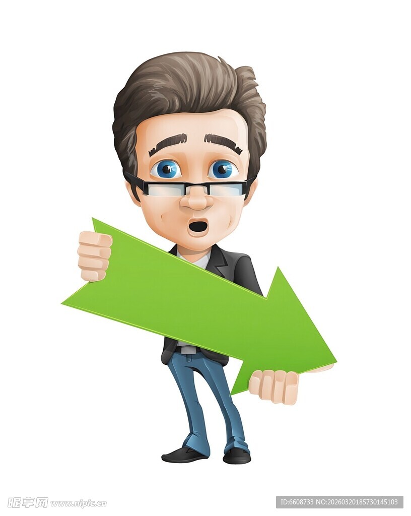 卡通人物持绿色箭头指引