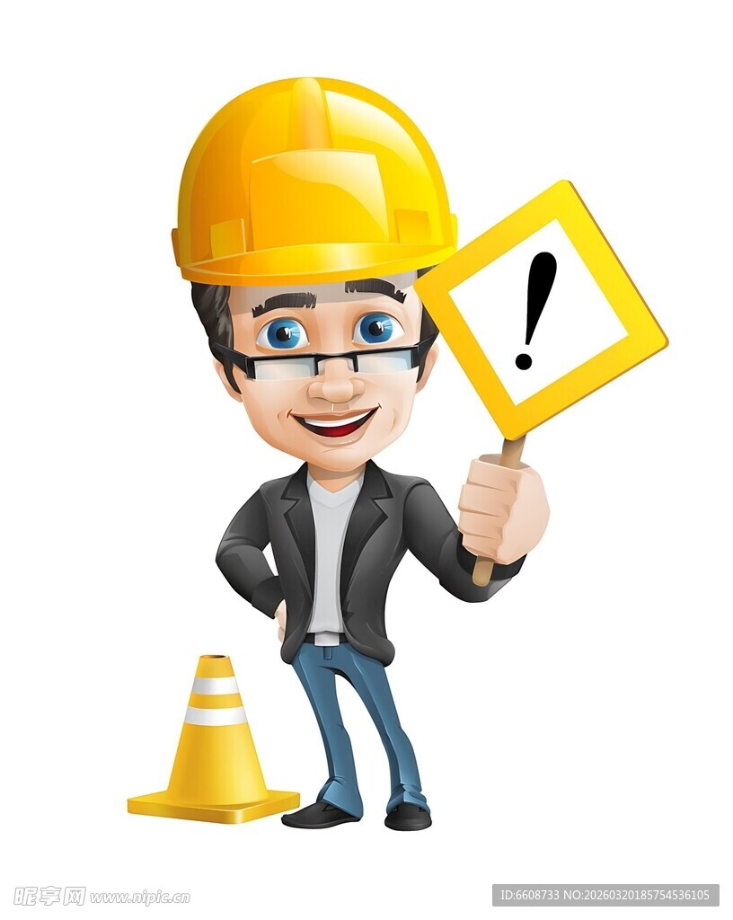 戴安全帽工人展示警示标志