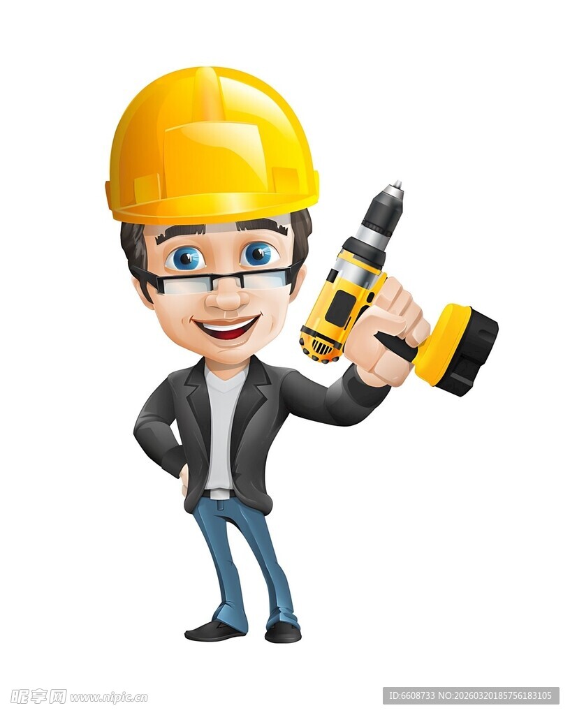 戴安全帽持电钻的卡通工人