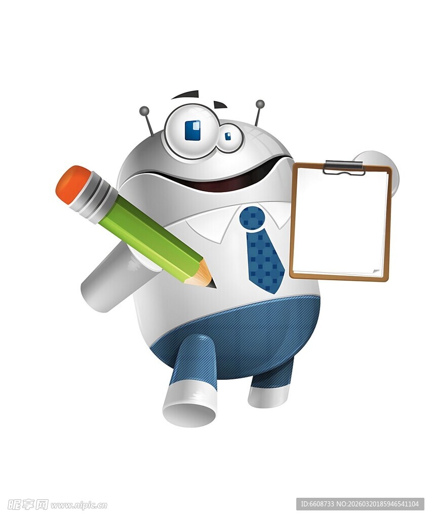 可爱机器人持纸笔准备书写