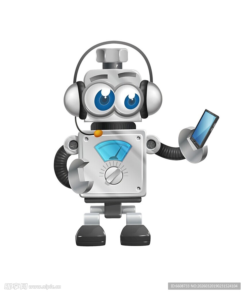 手持手机的可爱小机器人