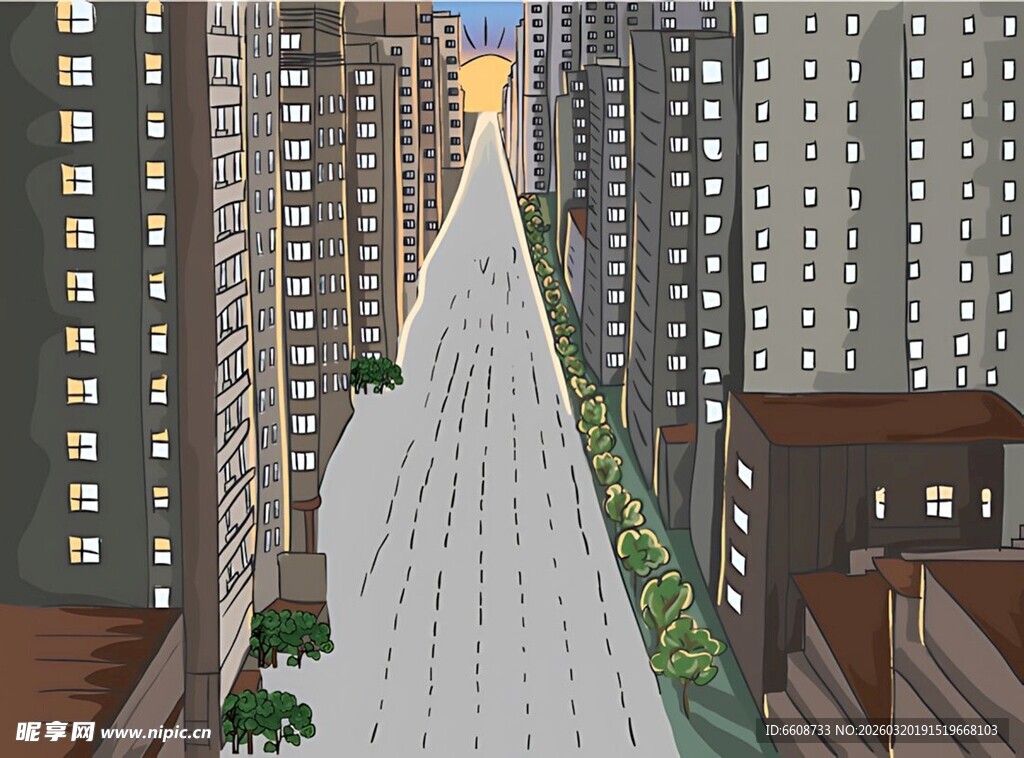 城市高楼间的空旷街道