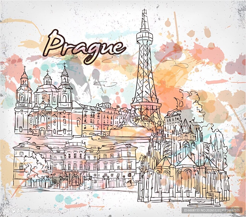 布拉格城市风景手绘插画