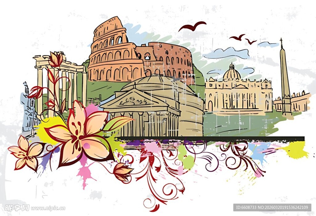 手绘罗马建筑与花卉装饰