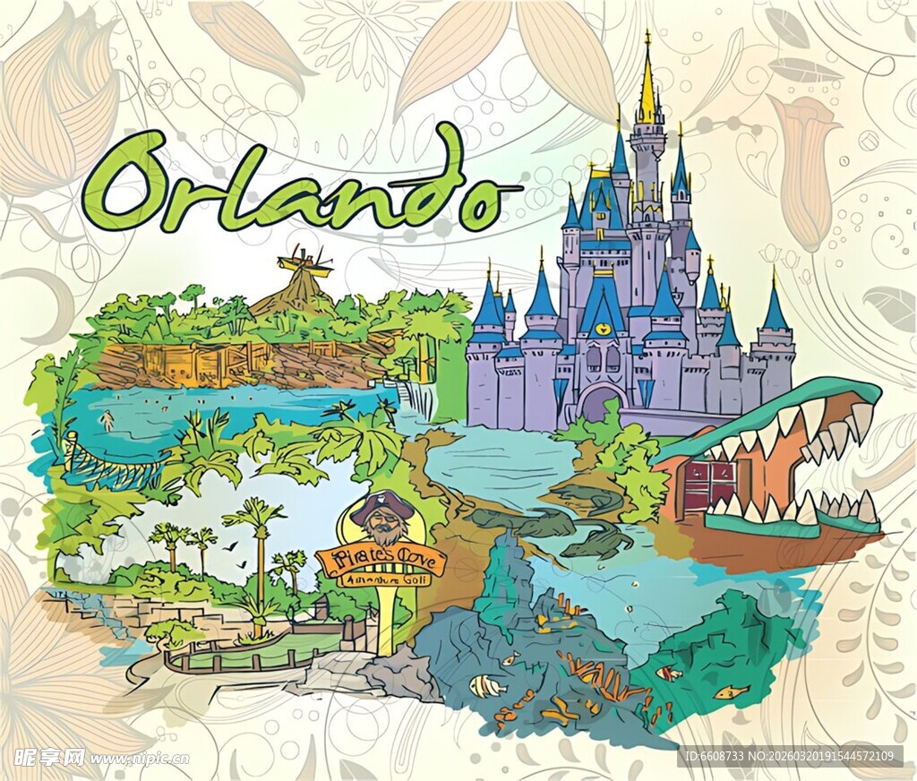 奥兰多旅游景点插画