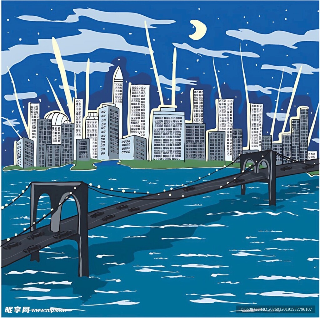 海上桥梁与城市夜景