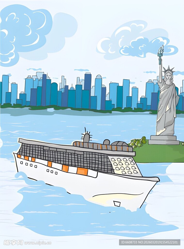 游船旁的自由女神像与城市