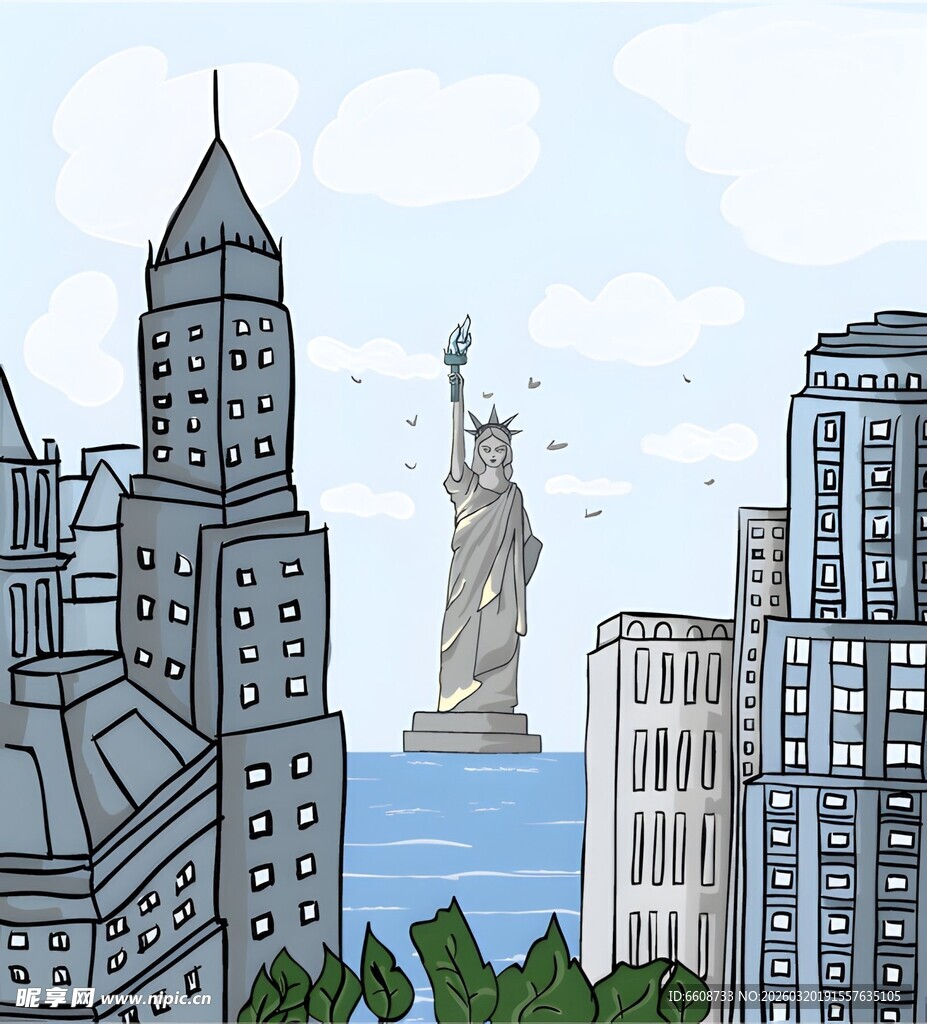 纽约城市景观与自由女神像