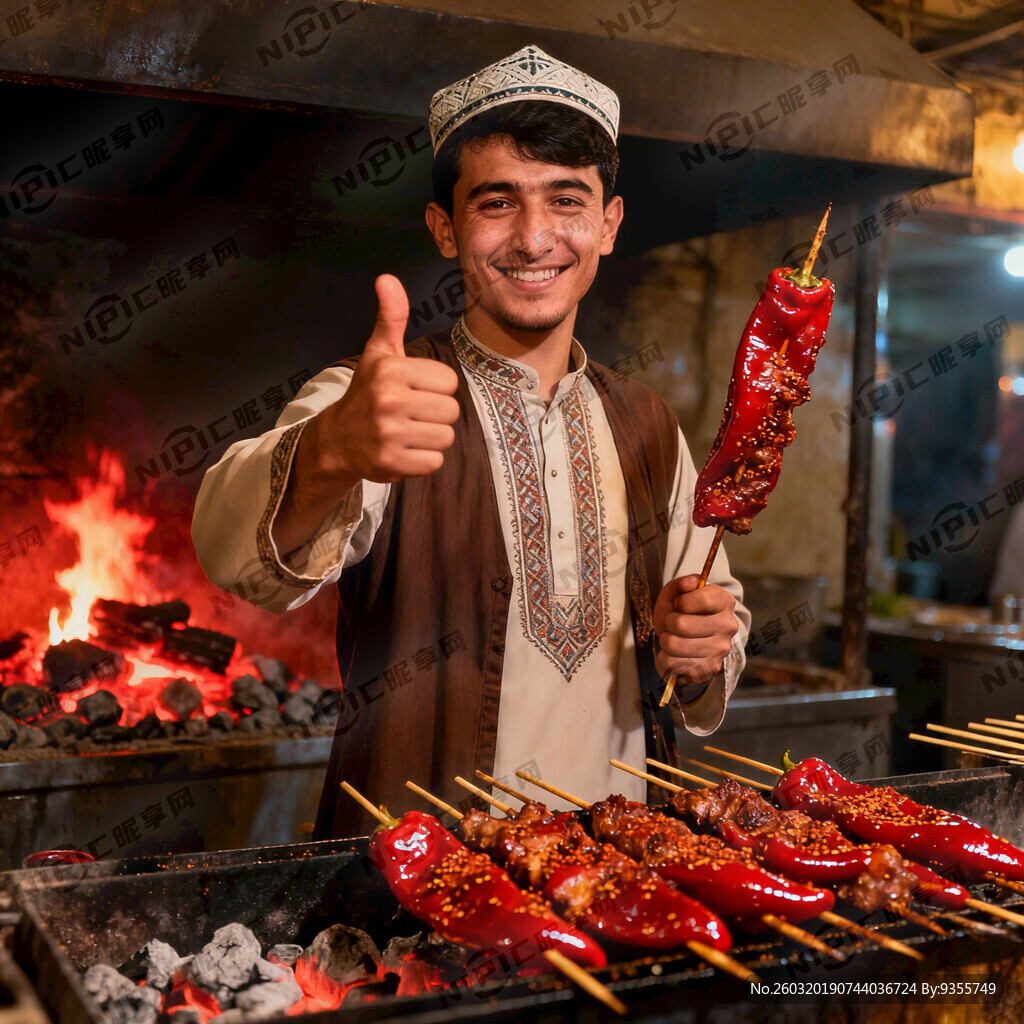 回族小伙烤辣皮子肉串