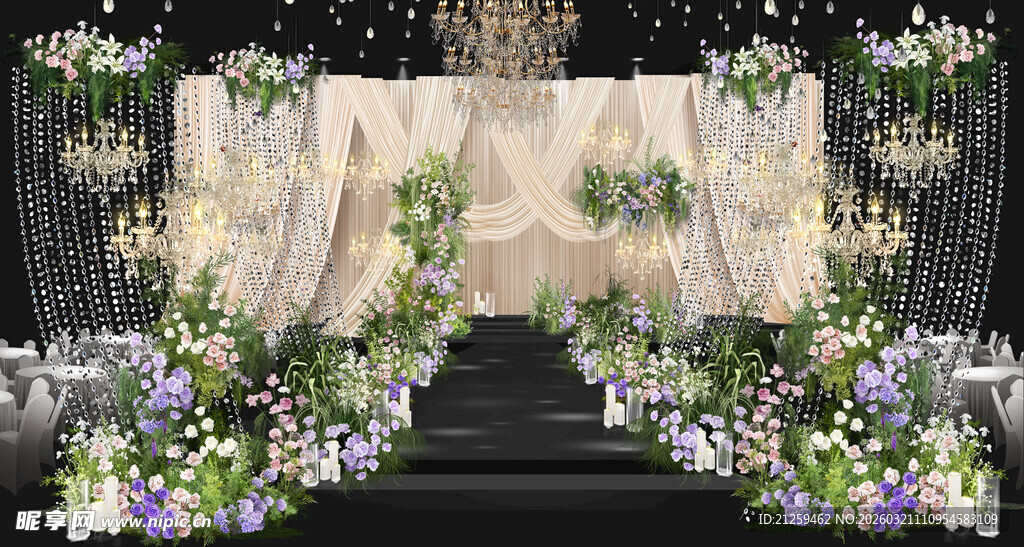 香槟布幔水晶吊顶婚礼效果图