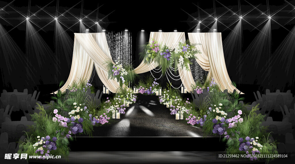 香槟色布幔珠帘婚礼效果图