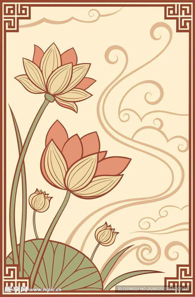 中式复古风荷花装饰图案