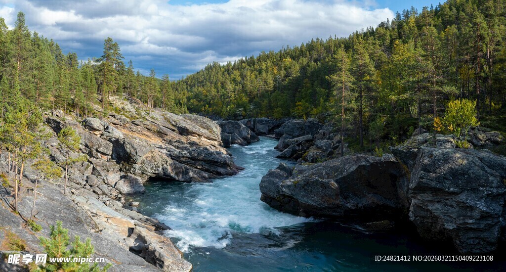 山间湍急河流与葱郁林木