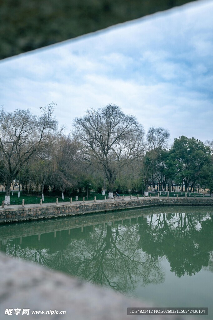 湖畔绿树倒影风景如画