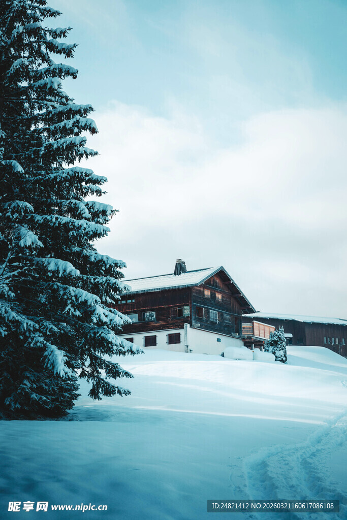 雪覆山林中的温馨小屋