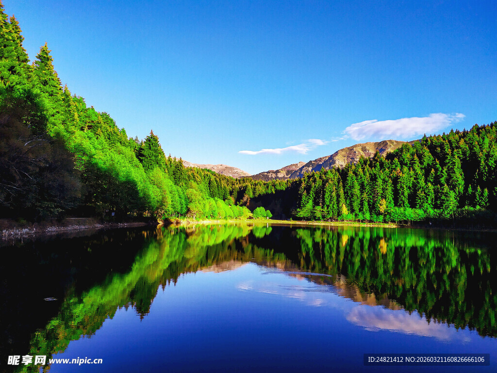 宁静湖景与葱郁山林倒影