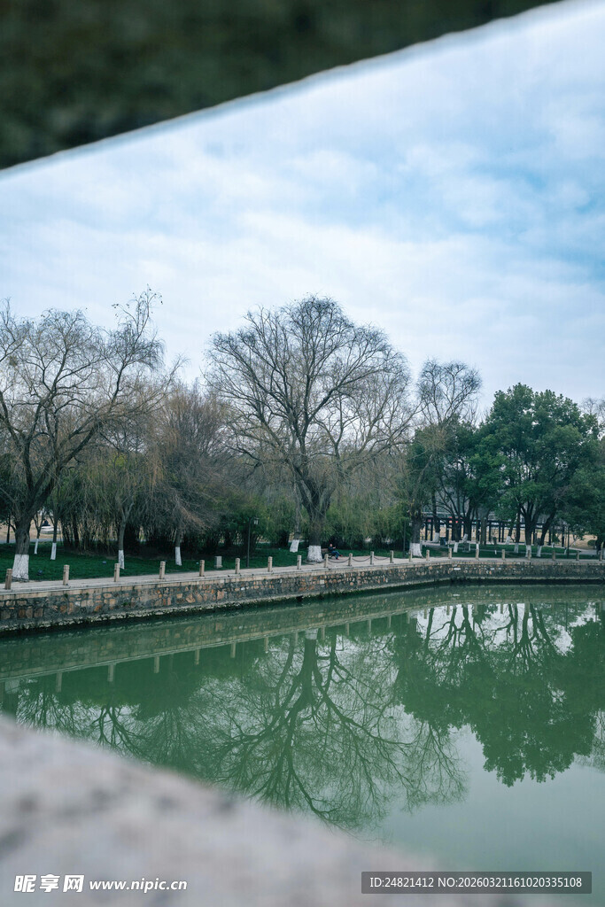 湖畔绿树倒影宁静美景