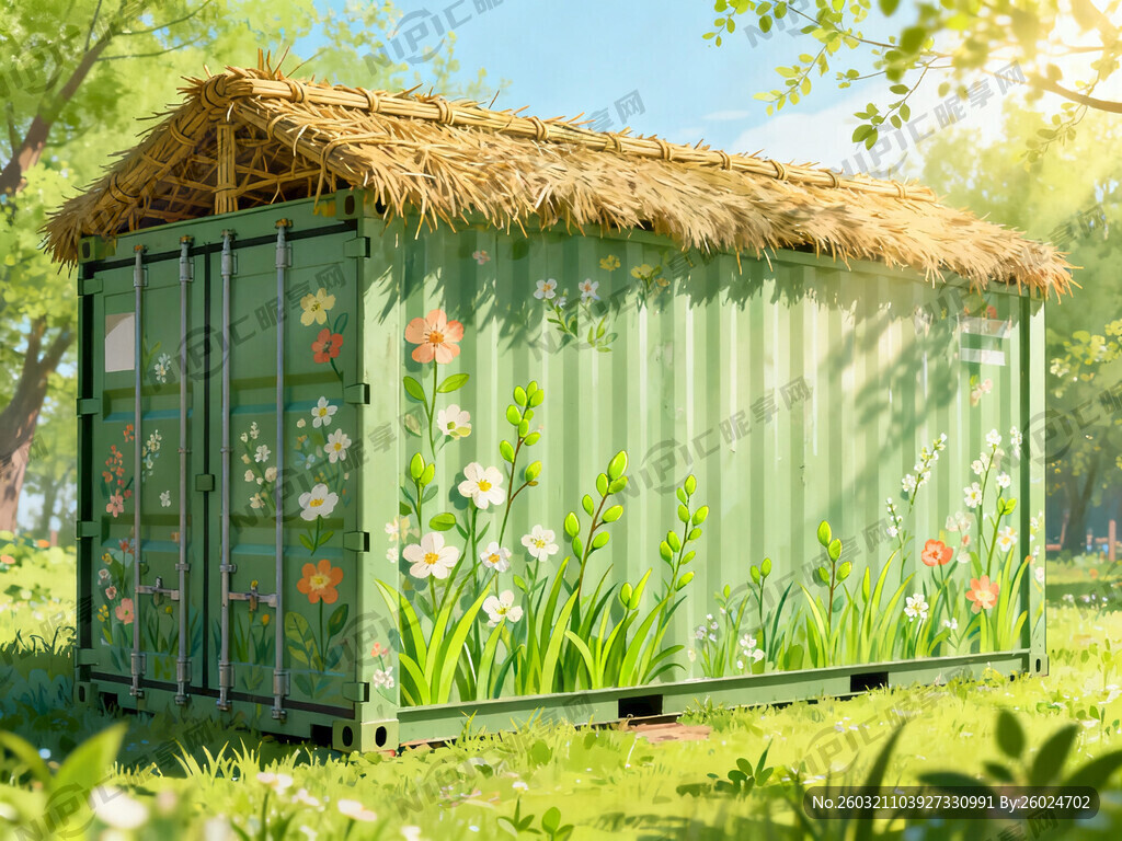 一个横向的集装箱 上面有毛草棚