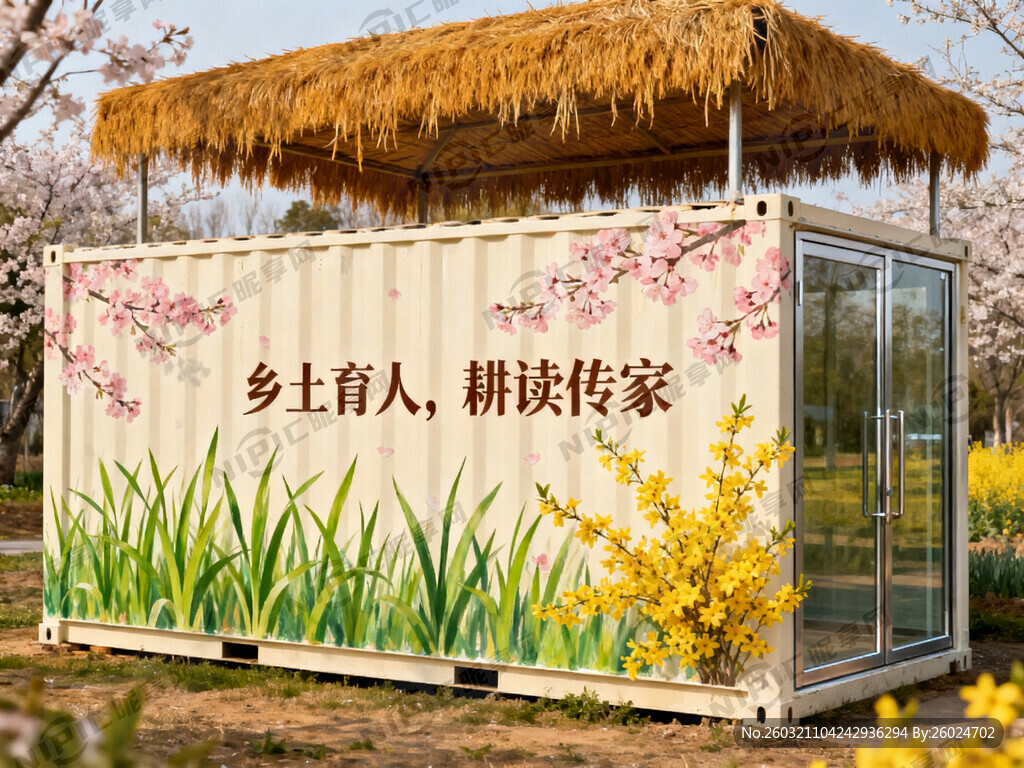 一个横向的集装箱 上面有毛草棚