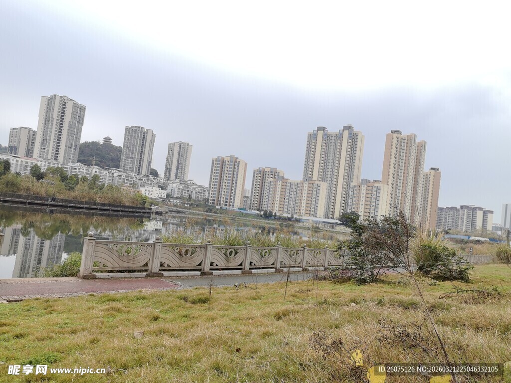 城市高楼与草地景观