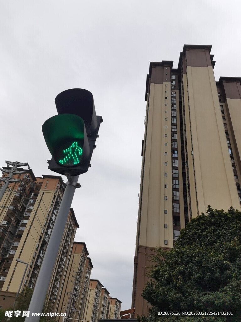 城市中亮起的绿色交通信号灯