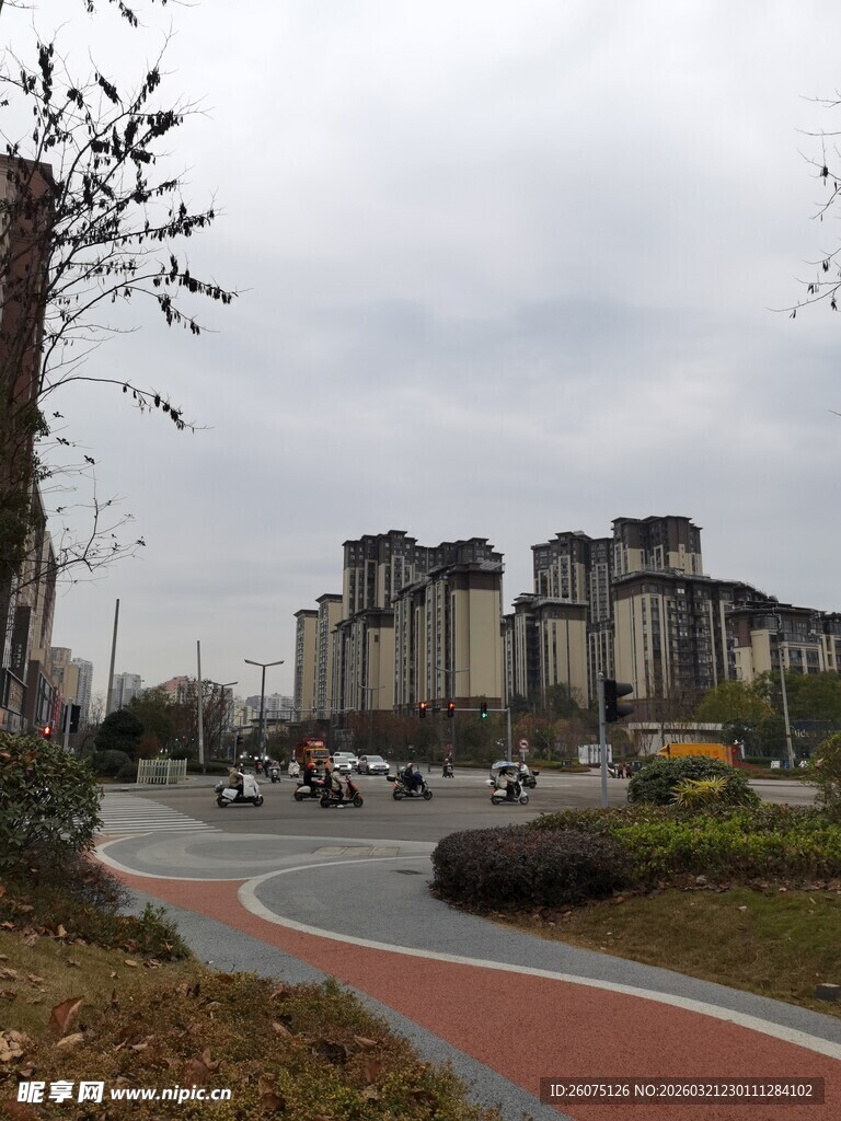 城市街道旁的现代建筑群