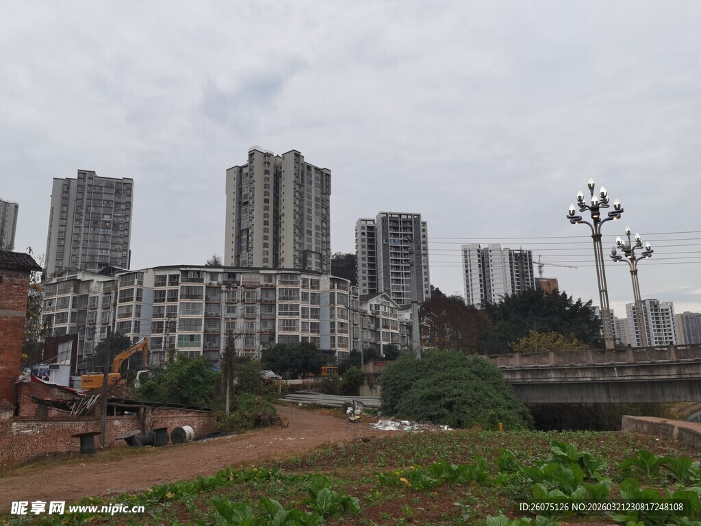 城市工地旁的建筑与绿地