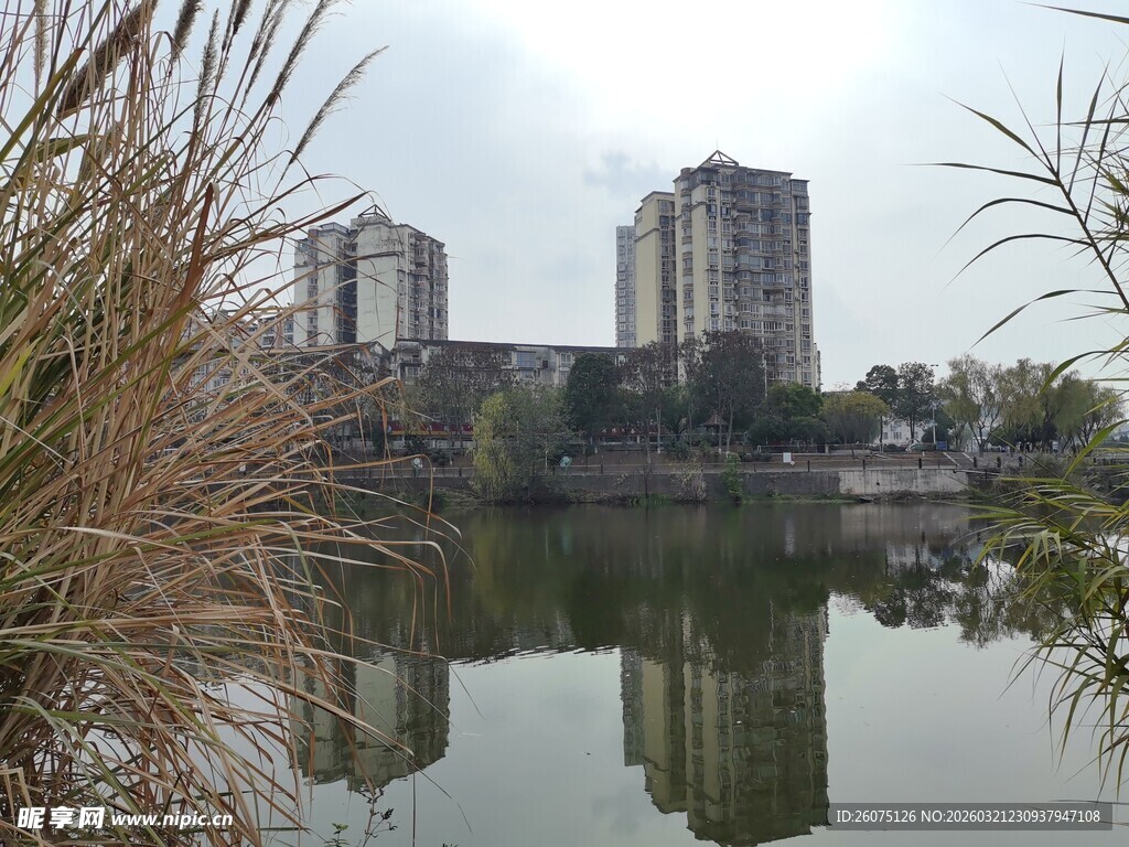 湖畔高楼倒影风景如画