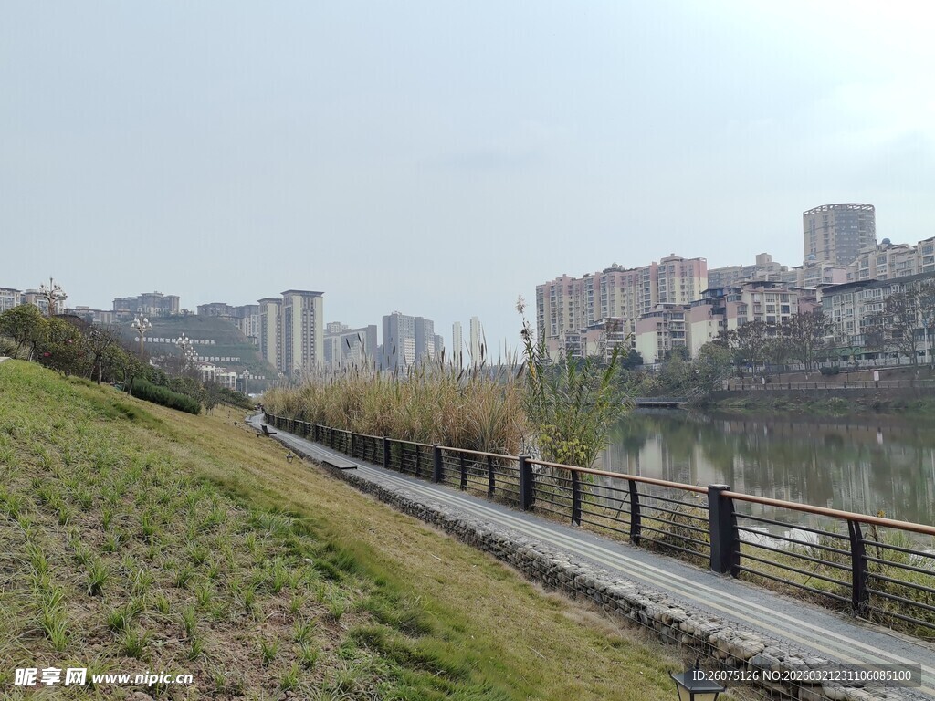 河畔步道旁的城市风光