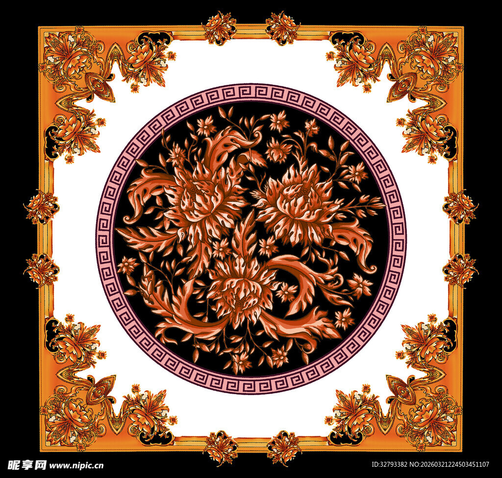 复古华丽花纹方巾图案