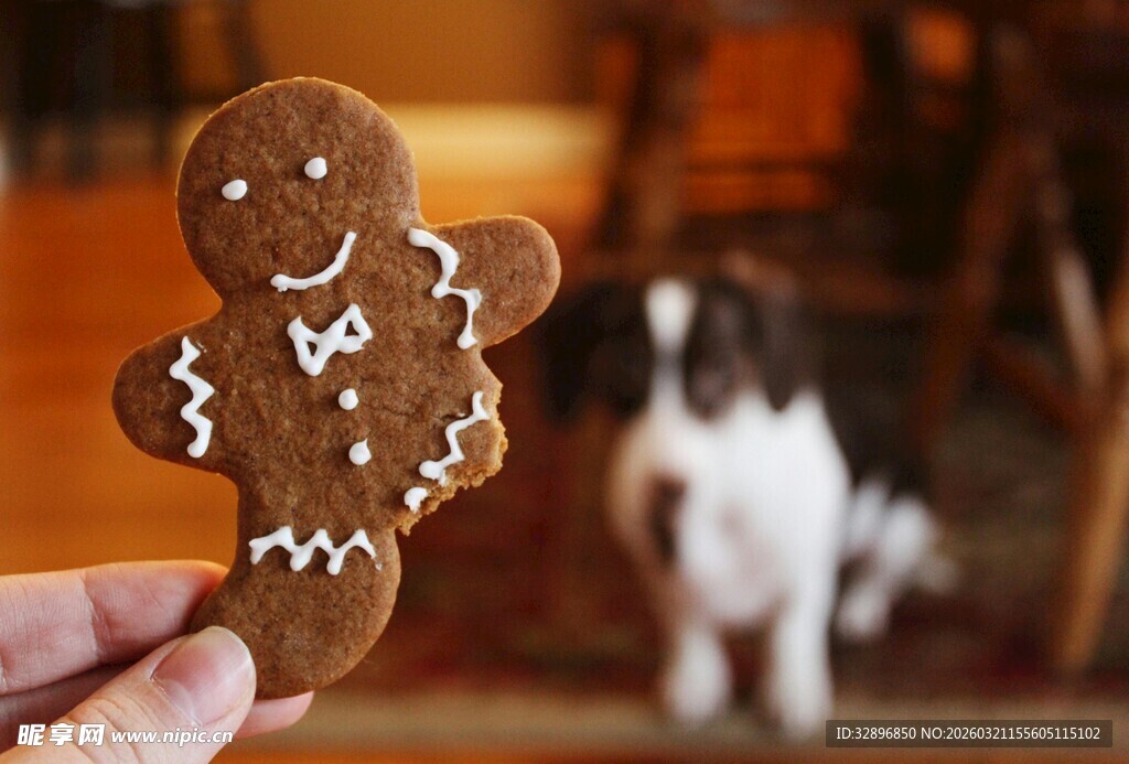 手拿姜饼人逗弄小狗