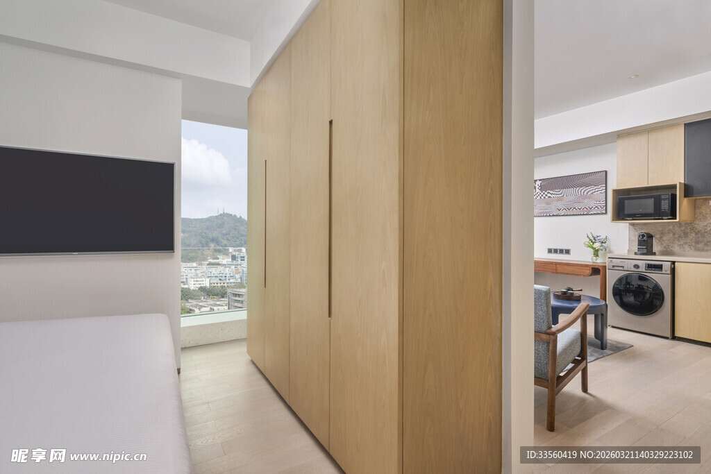 现代简约风卧室与开放式厨房