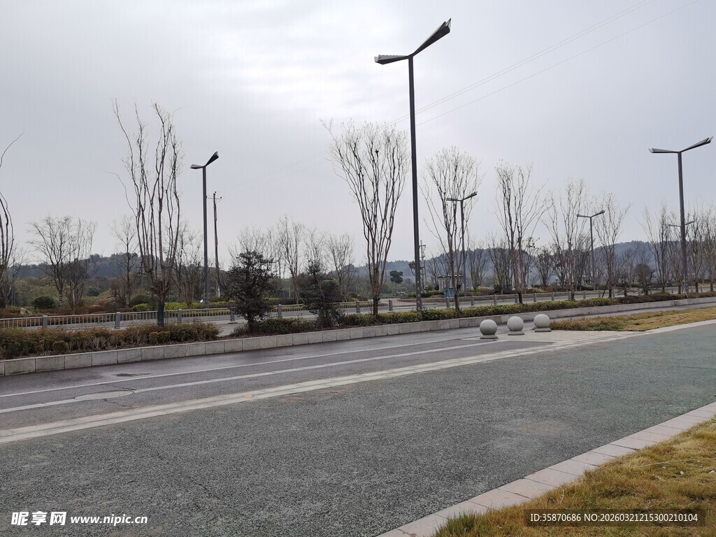空旷道路旁的路灯景观