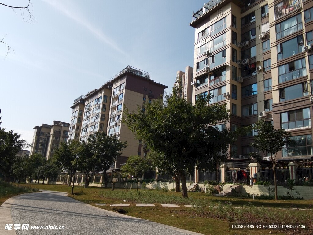 小区住宅楼旁的绿化道路