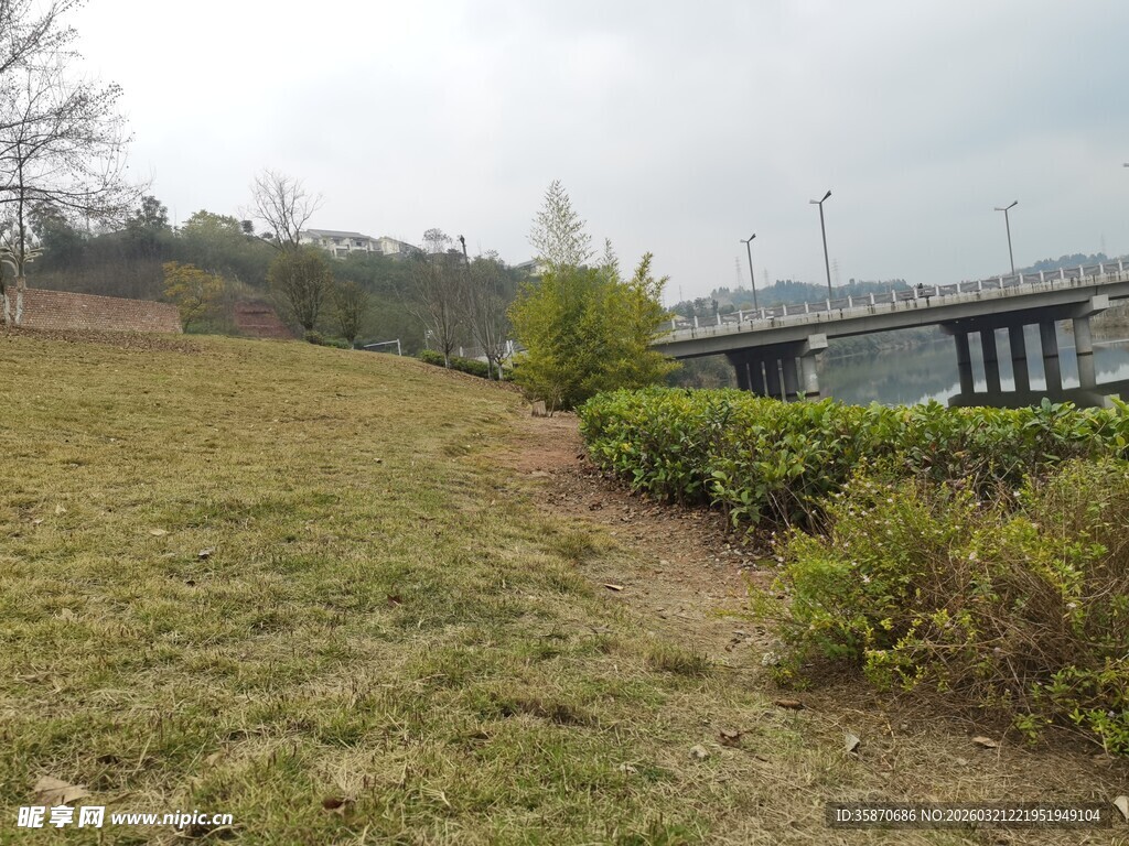 郊外草地与远处桥梁景观