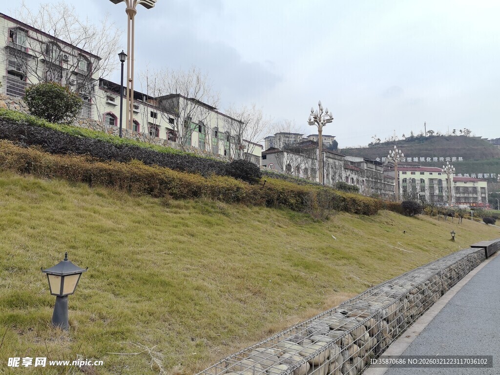 城郊道路旁的建筑与草地