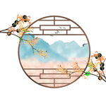 中式圆形窗景中的烂漫花枝