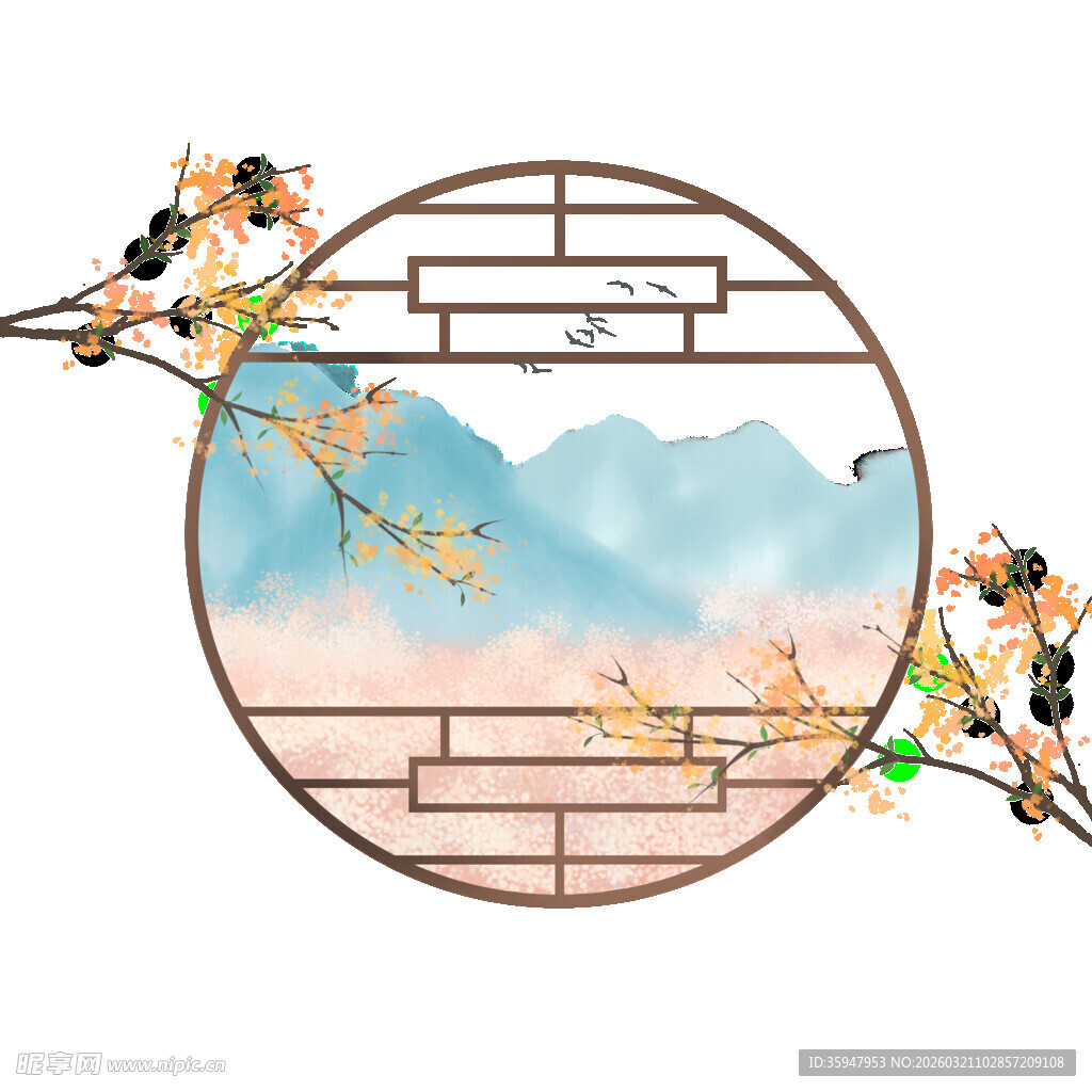 中式圆形窗景中的烂漫花枝