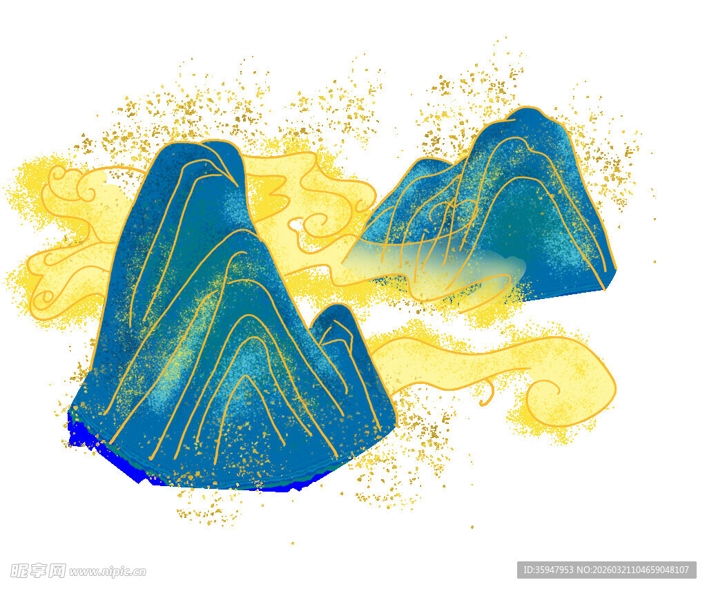 水墨风蓝黄相间山峦图景