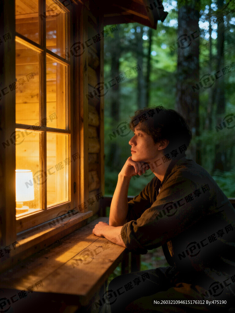 宁静的森林、温暖的灯光、一个人