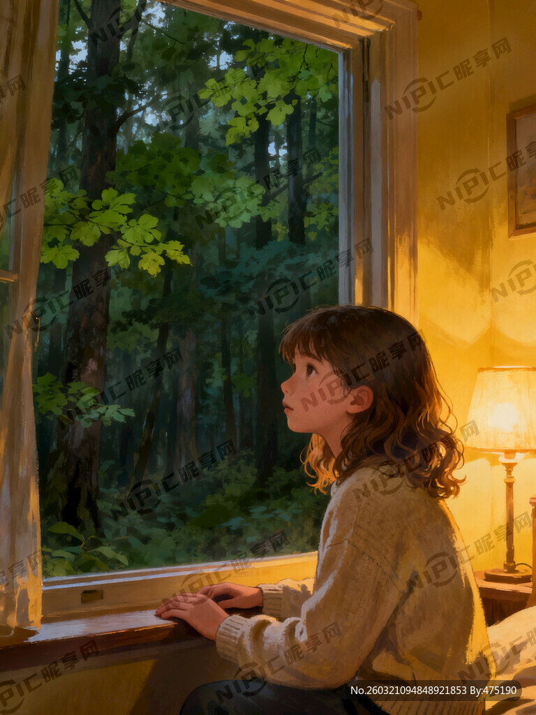 远处宁静的森林、温暖的灯光、一