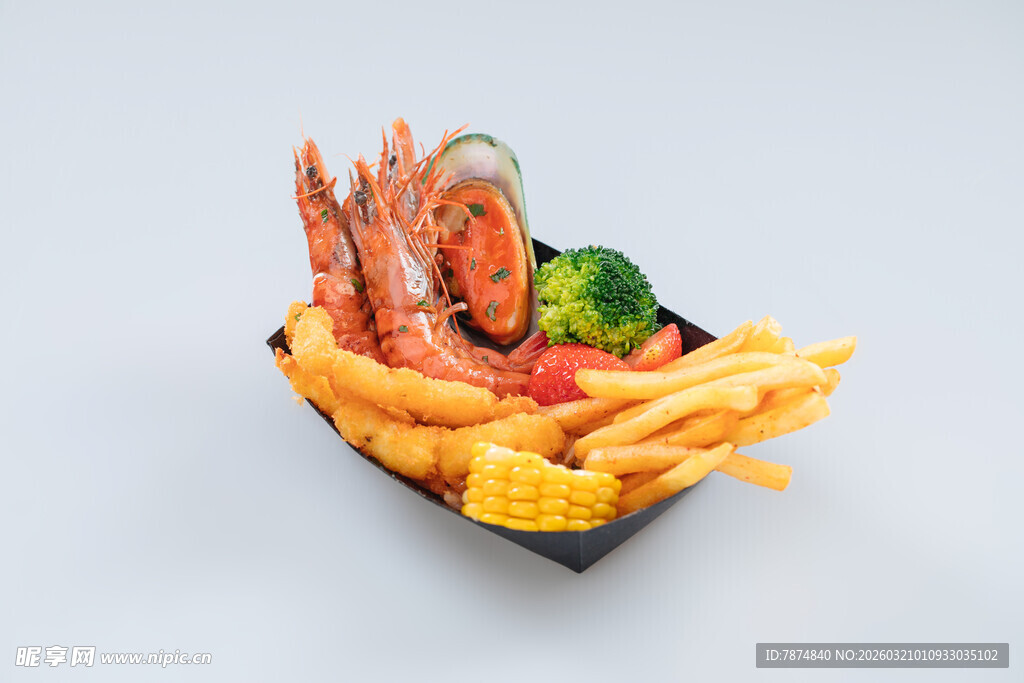 海鲜薯条拼盘美食