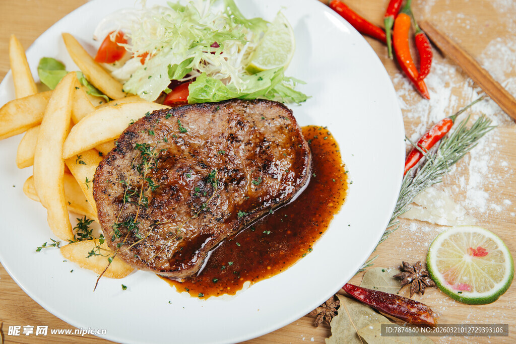 美味牛排配薯条蔬菜