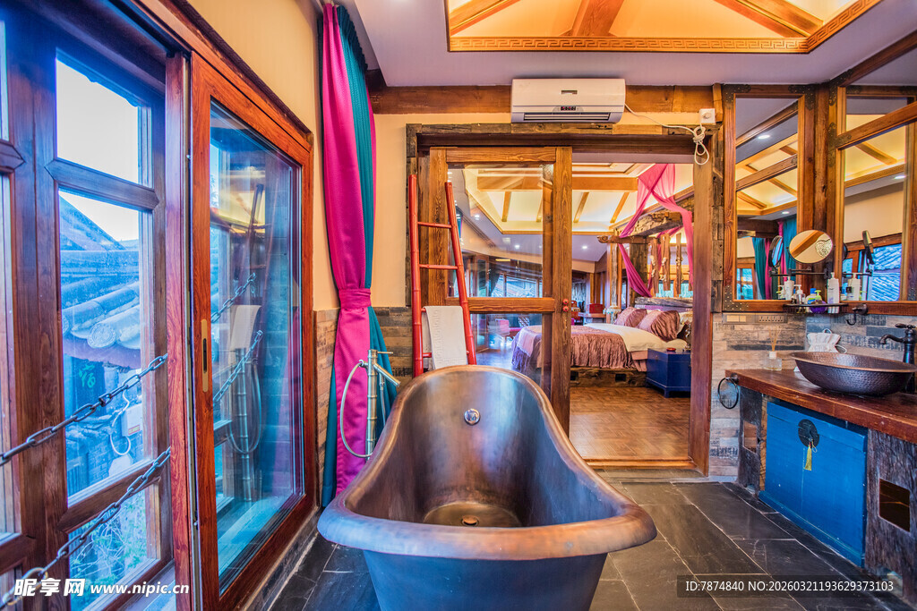 复古风浴室与开放空间相连