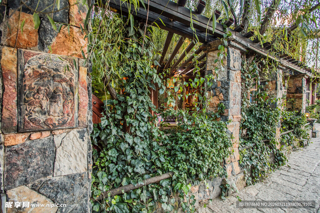 石墙藤蔓环绕的静谧小道