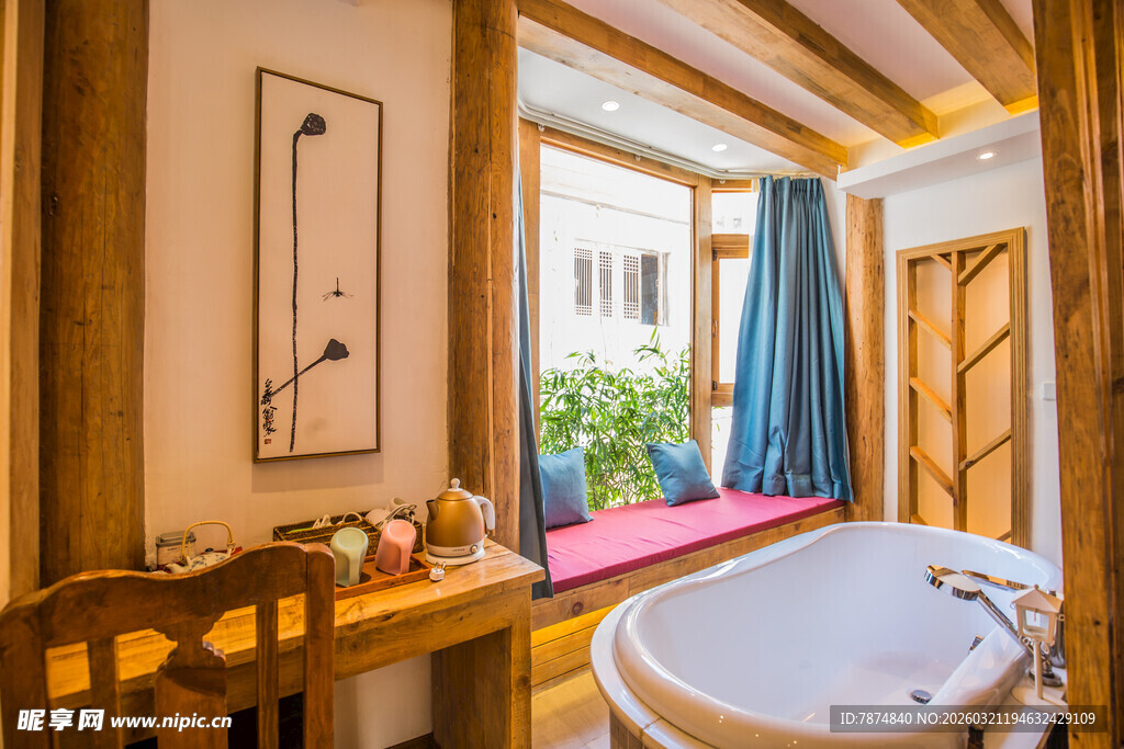 温馨木质风浴室浴缸场景