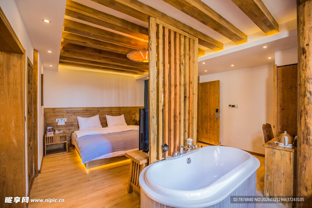 温馨木质风卧室带浴缸