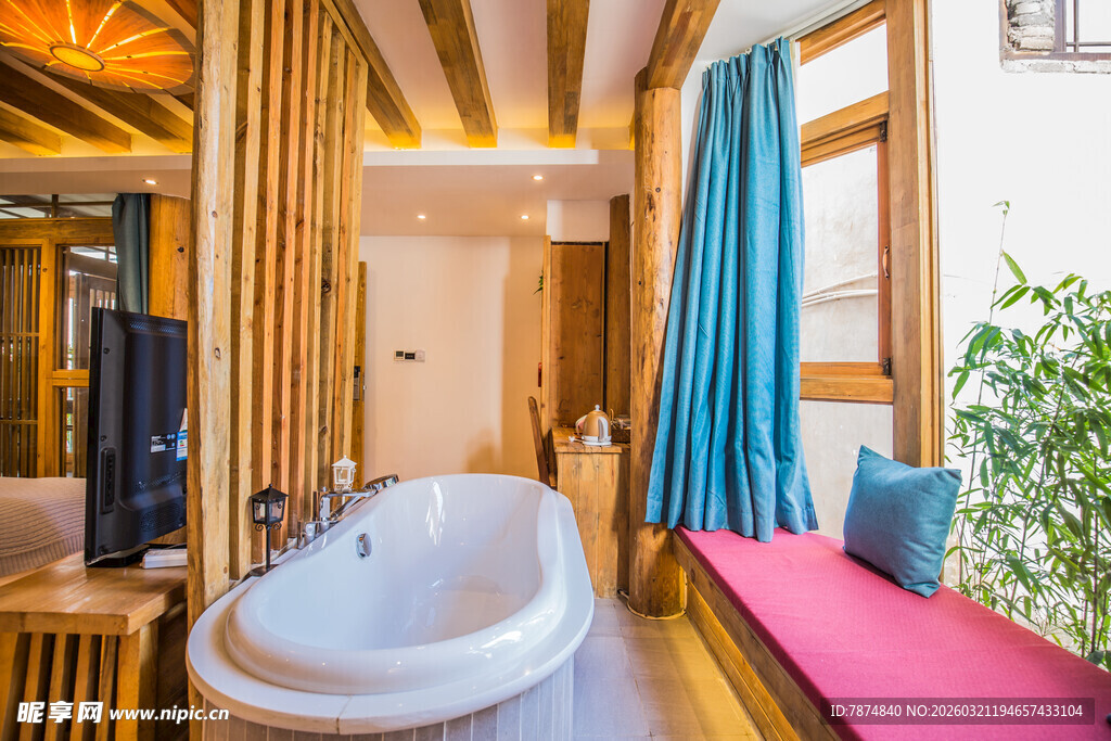 温馨木质风浴室浴缸场景